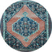 Round Machine Washable Medallion Light Blue Traditional Rug, wshtr1189lblu