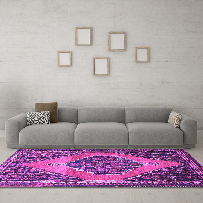 Machine Washable Medallion Purple Traditional Area Rugs in a Living Room, wshtr1189pur