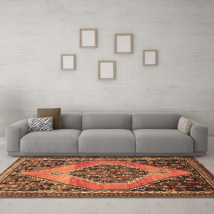 Machine Washable Medallion Brown Traditional Rug in a Living Room,, wshtr1189brn