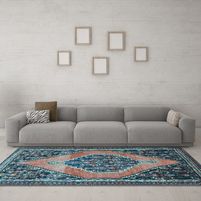 Machine Washable Medallion Light Blue Traditional Rug in a Living Room, wshtr1189lblu