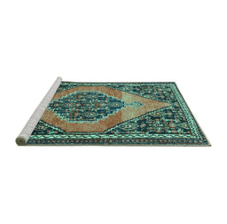 Sideview of Machine Washable Medallion Turquoise Traditional Area Rugs, wshtr1189turq