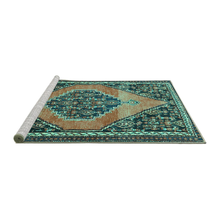 Sideview of Machine Washable Medallion Turquoise Traditional Area Rugs, wshtr1189turq