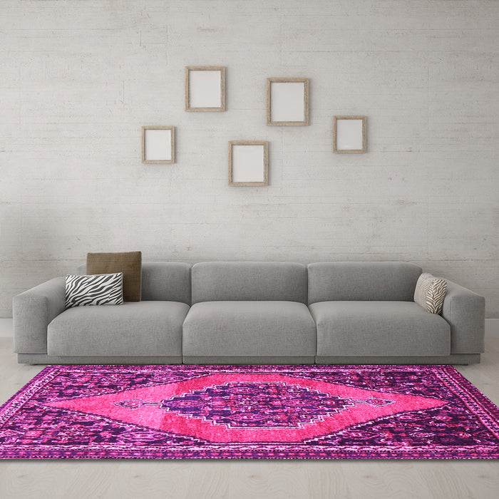 Machine Washable Medallion Pink Traditional Rug in a Living Room, wshtr1189pnk