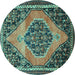 Round Machine Washable Medallion Turquoise Traditional Area Rugs, wshtr1189turq