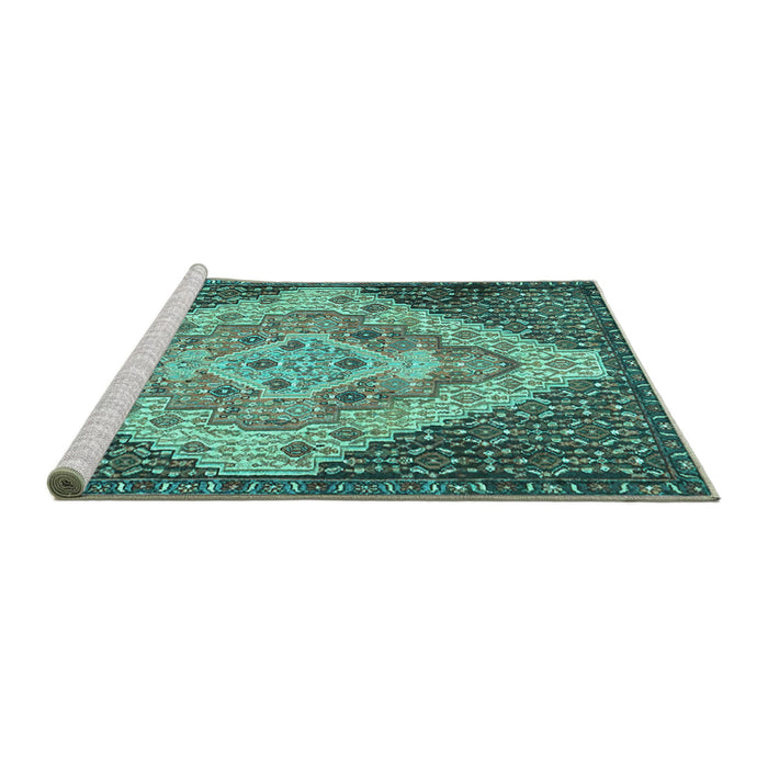 Sideview of Machine Washable Medallion Turquoise Traditional Area Rugs, wshtr1191turq