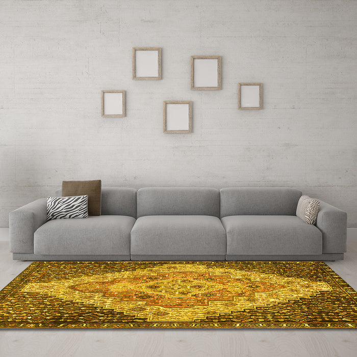 Machine Washable Medallion Yellow Traditional Rug in a Living Room, wshtr1191yw