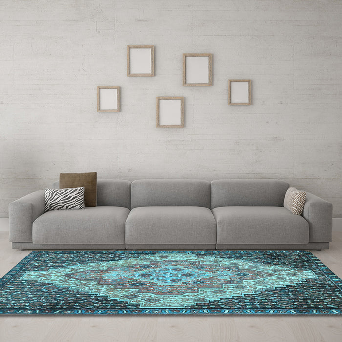 Machine Washable Medallion Light Blue Traditional Rug in a Living Room, wshtr1191lblu