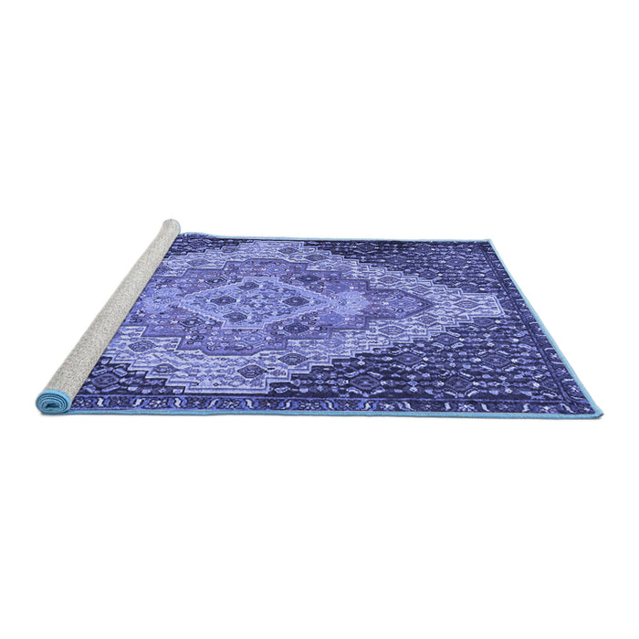 Sideview of Machine Washable Medallion Blue Traditional Rug, wshtr1191blu
