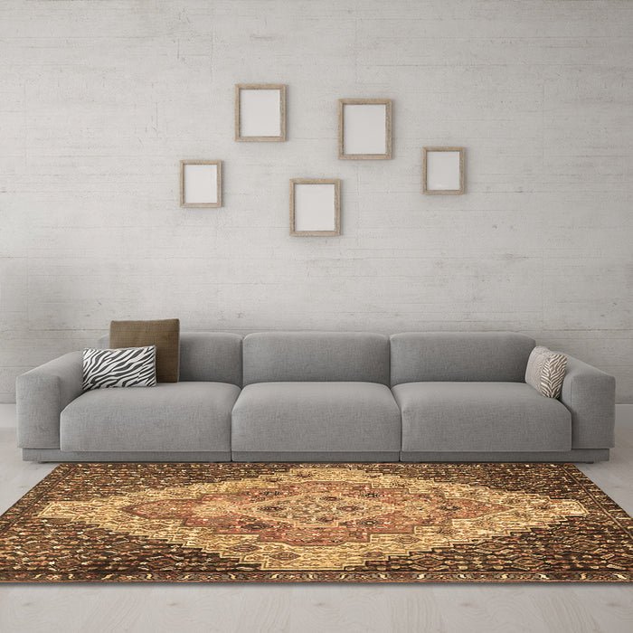Machine Washable Medallion Brown Traditional Rug in a Living Room,, wshtr1191brn
