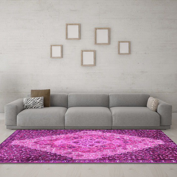 Machine Washable Medallion Pink Traditional Rug in a Living Room, wshtr1191pnk