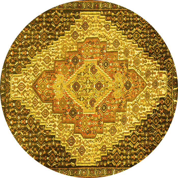 Round Machine Washable Medallion Yellow Traditional Rug, wshtr1191yw