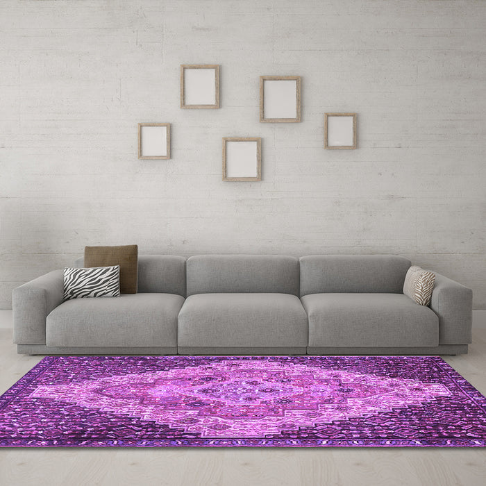 Machine Washable Medallion Purple Traditional Area Rugs in a Living Room, wshtr1191pur