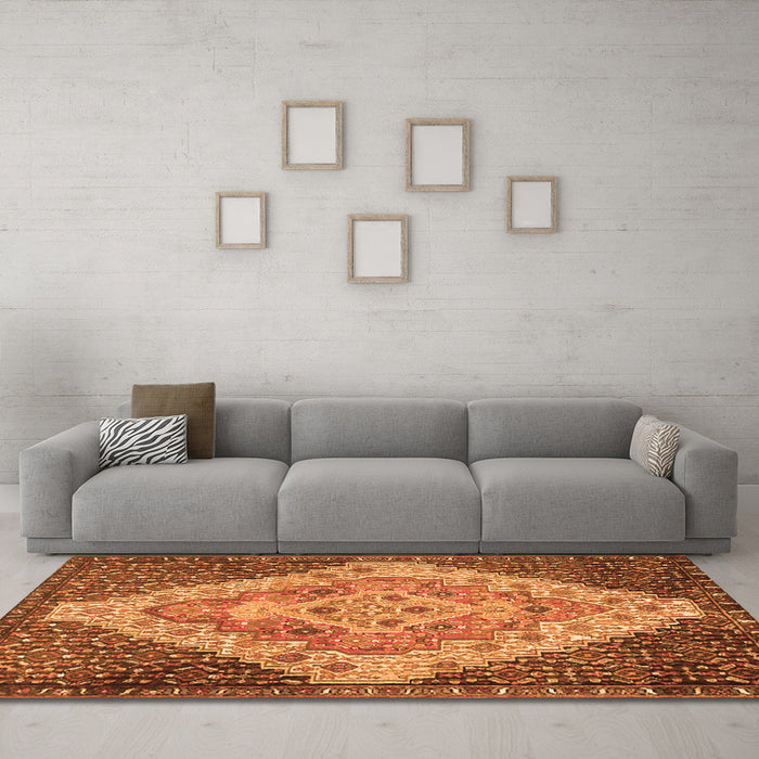 Machine Washable Medallion Orange Traditional Area Rugs in a Living Room, wshtr1191org