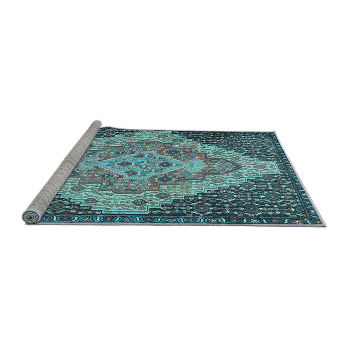 Sideview of Machine Washable Medallion Light Blue Traditional Rug, wshtr1191lblu