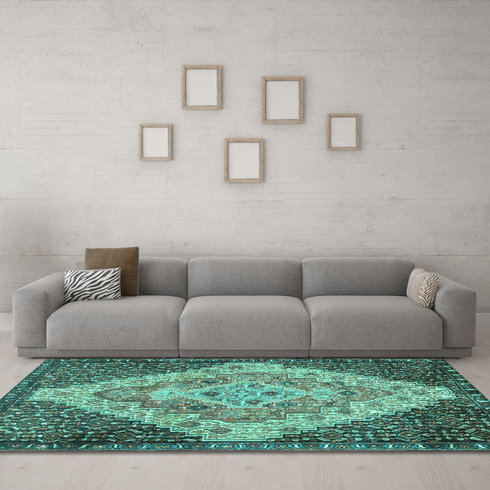 Machine Washable Medallion Turquoise Traditional Area Rugs in a Living Room,, wshtr1191turq