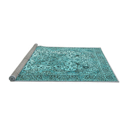 Sideview of Machine Washable Medallion Light Blue Traditional Rug, wshtr1192lblu