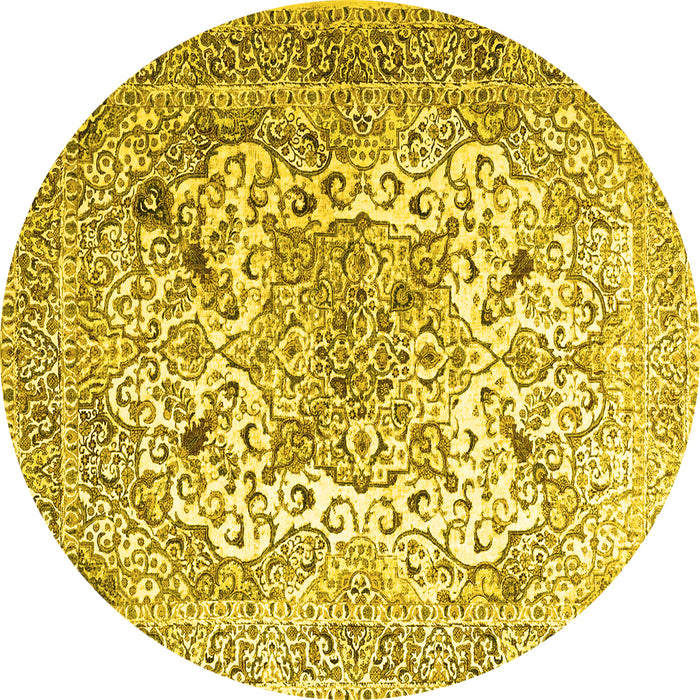 Round Machine Washable Medallion Yellow Traditional Rug, wshtr1192yw