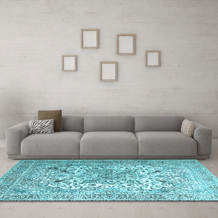 Machine Washable Medallion Light Blue Traditional Rug in a Living Room, wshtr1192lblu