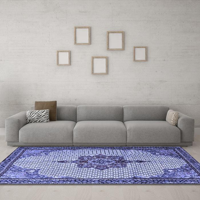 Machine Washable Persian Blue Traditional Rug in a Living Room, wshtr1193blu