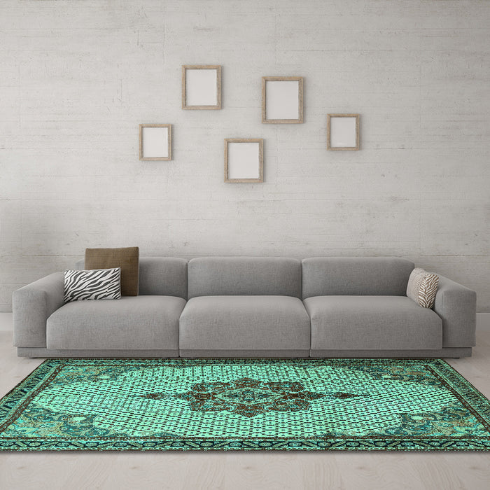 Machine Washable Persian Turquoise Traditional Area Rugs in a Living Room,, wshtr1193turq