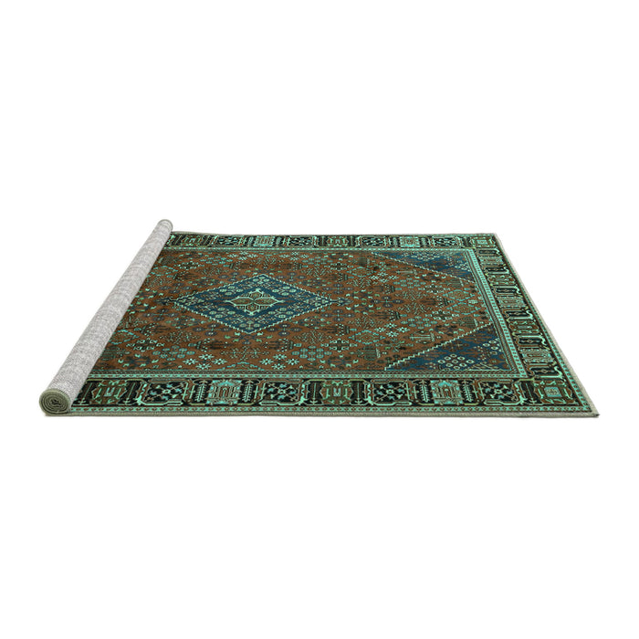 Sideview of Machine Washable Persian Turquoise Traditional Area Rugs, wshtr1194turq