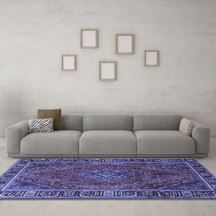 Machine Washable Persian Blue Traditional Rug in a Living Room, wshtr1194blu