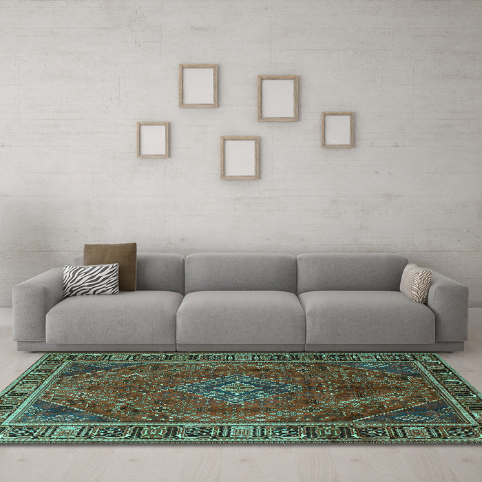 Machine Washable Persian Turquoise Traditional Area Rugs in a Living Room,, wshtr1194turq