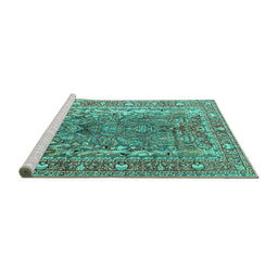 Sideview of Machine Washable Persian Turquoise Traditional Area Rugs, wshtr1195turq