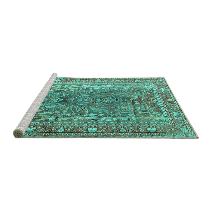 Sideview of Machine Washable Persian Turquoise Traditional Area Rugs, wshtr1195turq