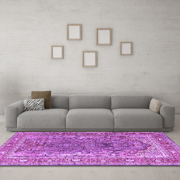 Machine Washable Persian Purple Traditional Area Rugs in a Living Room, wshtr1195pur