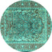 Round Machine Washable Persian Turquoise Traditional Area Rugs, wshtr1195turq