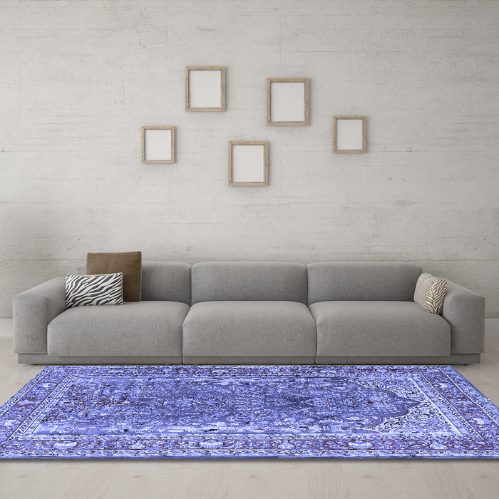 Machine Washable Persian Blue Traditional Rug in a Living Room, wshtr1195blu