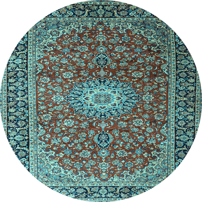 Round Machine Washable Medallion Light Blue Traditional Rug, wshtr1196lblu