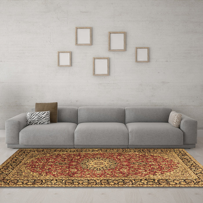 Machine Washable Medallion Brown Traditional Rug in a Living Room,, wshtr1196brn