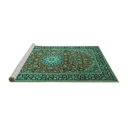 Sideview of Machine Washable Medallion Turquoise Traditional Area Rugs, wshtr1196turq