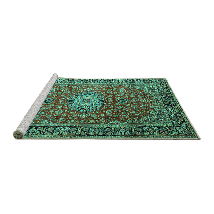 Sideview of Machine Washable Medallion Turquoise Traditional Area Rugs, wshtr1196turq