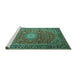 Sideview of Machine Washable Medallion Turquoise Traditional Area Rugs, wshtr1196turq