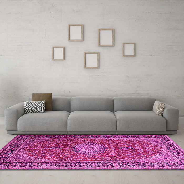 Machine Washable Medallion Pink Traditional Rug in a Living Room, wshtr1196pnk