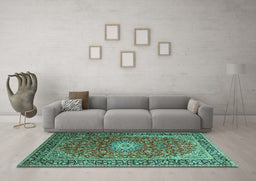 Machine Washable Medallion Turquoise Traditional Area Rugs in a Living Room,, wshtr1196turq