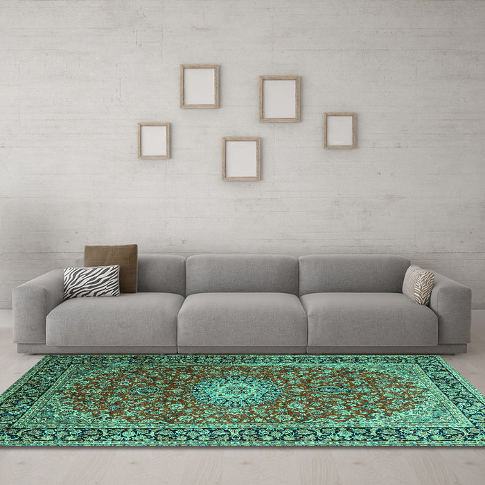 Machine Washable Medallion Turquoise Traditional Area Rugs in a Living Room,, wshtr1196turq