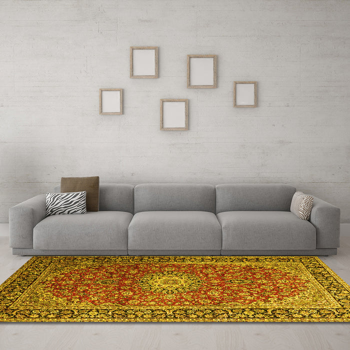 Machine Washable Medallion Yellow Traditional Rug in a Living Room, wshtr1196yw