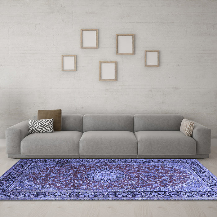 Machine Washable Medallion Blue Traditional Rug in a Living Room, wshtr1196blu