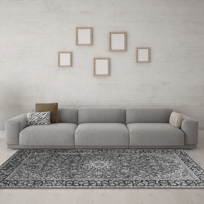 Machine Washable Medallion Gray Traditional Rug in a Living Room,, wshtr1196gry