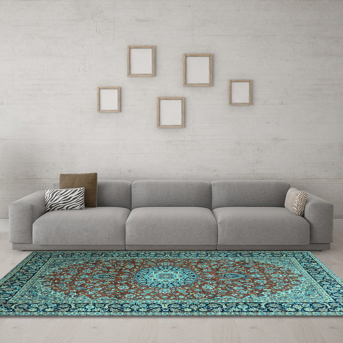 Machine Washable Medallion Light Blue Traditional Rug in a Living Room, wshtr1196lblu