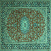 Square Machine Washable Medallion Turquoise Traditional Area Rugs, wshtr1196turq