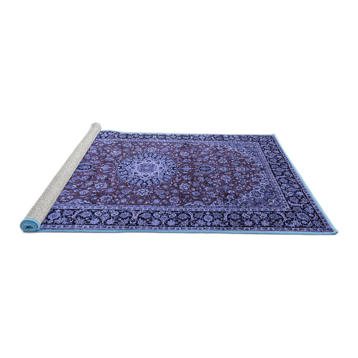 Sideview of Machine Washable Medallion Blue Traditional Rug, wshtr1196blu
