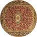 Round Machine Washable Medallion Brown Traditional Rug, wshtr1197brn