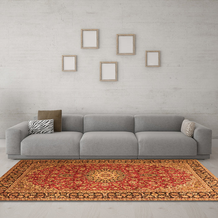 Machine Washable Medallion Orange Traditional Area Rugs in a Living Room, wshtr1197org