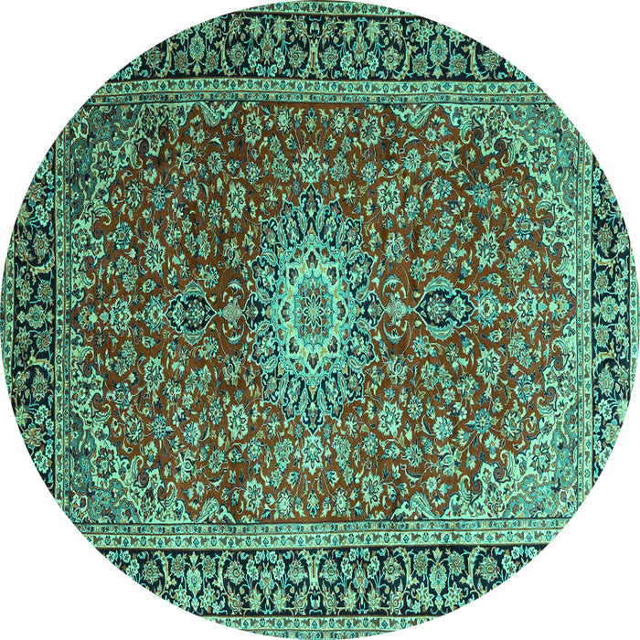 Round Machine Washable Medallion Turquoise Traditional Area Rugs, wshtr1197turq