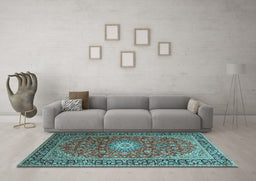 Machine Washable Medallion Light Blue Traditional Rug in a Living Room, wshtr1197lblu